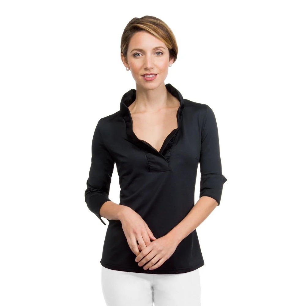 Gretchen Scott Ruff Neck Jersey Top Black Ruffle Collar 3/4 Sleeve Size Small